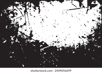 Monochromatic grunge texture, black concrete, stone, and abstract elements, shapes and slate. Charcoal splashes, dot work grain, and circular lines add artistic flair. Halftone, vector, fabric, spiral