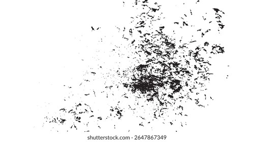 A textura grunge monocromática em fundo branco apresenta elementos abstratos dispersos e formas texturizadas, criando um elemento de design artístico e visualmente impressionante para várias aplicações gráficas