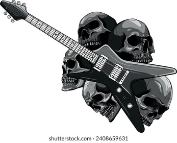monochromatic guitar with skulls on white background