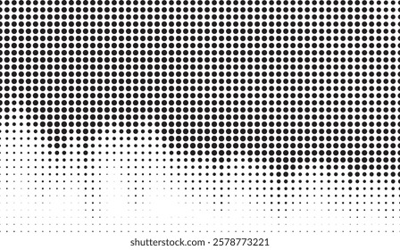 Monochromatic Halftone Gradient with Descending Circular Patterns Creating a Visual Effect of Dispersion and Density Changing Across a Plain White Background