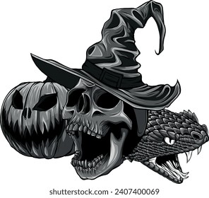 monochromatic halloween cute wizard skull head with pumpkin and snake