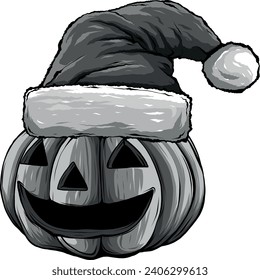 cara monocromática de calabaza de Halloween en sombrero santa claus.