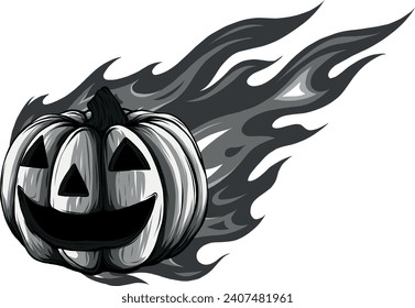 monochromatic halloween pumpkin with fire on white background