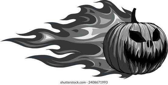 monochromatic halloween pumpkin with fire on white background