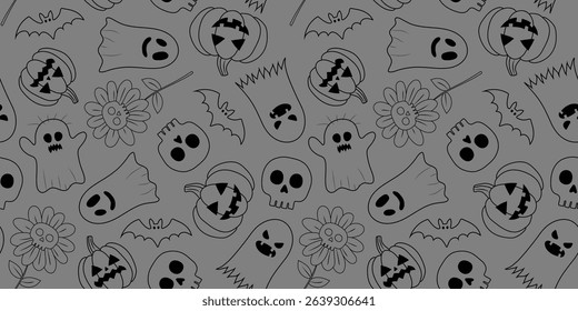 monochromatic halloween seamless pattern grey background white outlined ghosts pumpkins bats skulls flowers digital textile paper