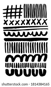 Monochromatic hand organic print vector pattern. Black ink abstract graphic design composition. Contemporary retro minimalist Scandinavian style organic brush strokes U shapes lines curves silkscreen