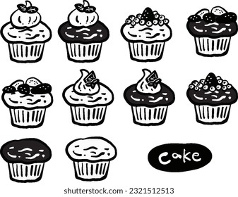 Ilustración monocromática de varios cupcakes y muffins