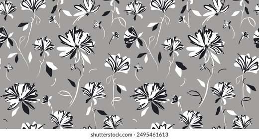 Monochromatic handmade summer floral seamless pattern. Botanical background of abstract flowers. Sketchy drawing of white black stroke outlines, gray background. Contemporary print