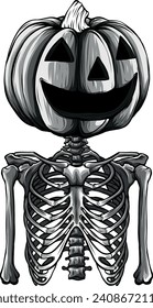 monochromatic head pumpkin on human skeleton. vector illustration on white background digital hand draw