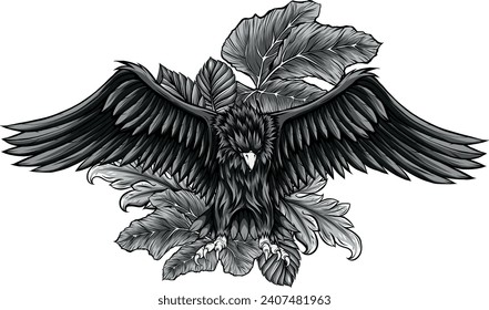 monochromatic heagle with leaves on white background