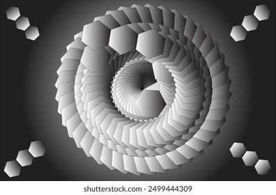 Monochromatic Hexagonal Spiral Pattern – Futuristic and Geometric Design, Intricate 3D Visual, Perfect for Digital Art, Modern Wallpaper, Technology Themes, and Creative Projects. High-Resolution 