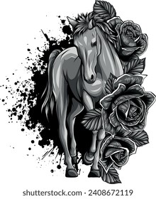 monochromatic Horse with red rose on white background