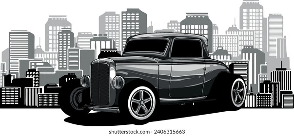 monochromatic hot rod car with city in background