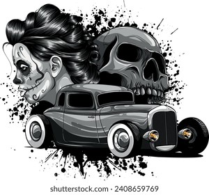 monochromatic hot rod car with woman and skull