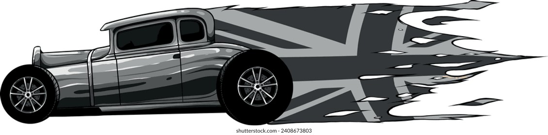 monochromatic hot rod with united kingdom flag