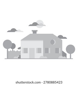 Monochromatic House Illustration with Trees, Clouds and Garden — Flat Design Modern Home Scene