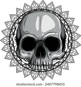 monochromatic human skull with ornament withceltic knots.