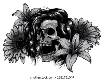 monochromatic A human skulls with roses on white background