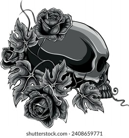 monochromatic human skulls with roses on white background