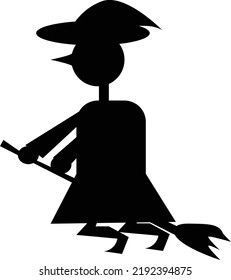 Monochromatic icon illustration of the witch flying in the sky on a broom