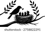 Monochromatic icon portrays a parent bird on the left, feeding three clamoring chicks nestled in a textured bird