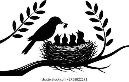 Monochromatic icon portrays a parent bird on the left, feeding three clamoring chicks nestled in a textured bird's nest on a branch.