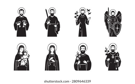 Monochromatic icons featuring saints with distinct attributes suitable for religious or symbolic designs.