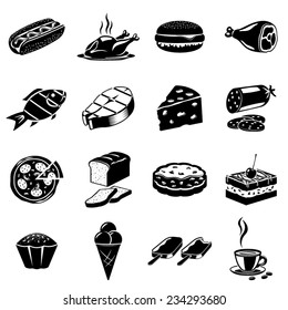 Monochromatic icons set of some foods and one cup of hot coffee