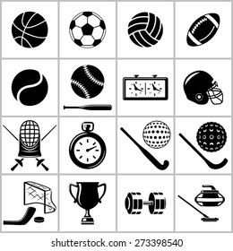 Monochromatic icons set of  some items and equipment for  sports 