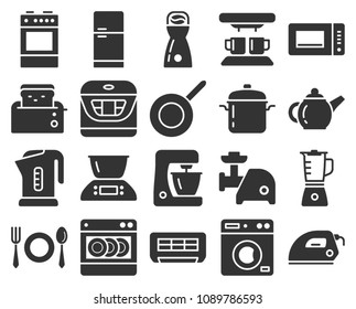 Monochromatic icons set of some kitchen utensils and home appliances