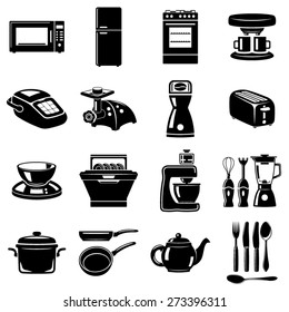 Monochromatic icons set of some kitchen utensils and appliances