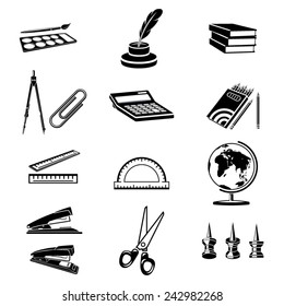 Monochromatic icons set of some office and school stationery