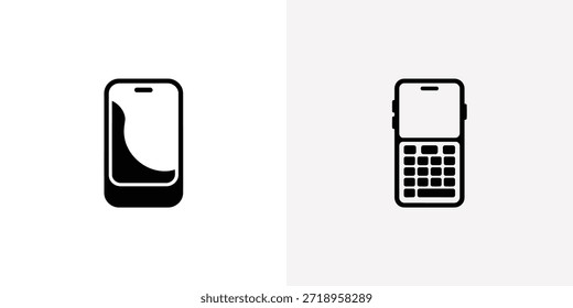Ícones monocromáticos exibindo duas gerações de dispositivos de comunicação móvel: um smartphone elegante e um teclado clássico.