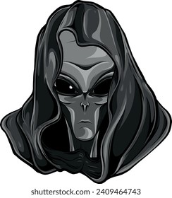 monochromatic illustration of Alien hooded on white background