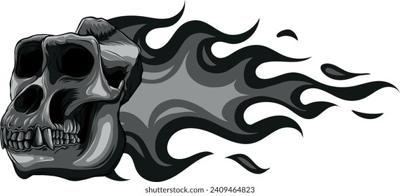 monochromatic illustration of ape skull with flames