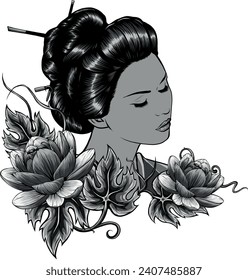 monochromatische Illustration der asiatischen Geisha-Frau mit Blume