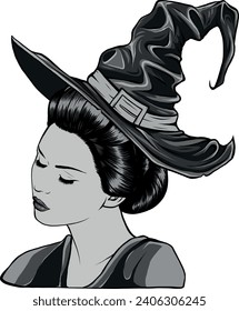 monochromatic illustration of beautiful witch in a classic hat