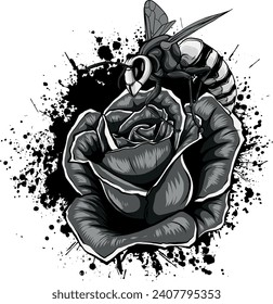 monochromatic illustration of bee on rose art design