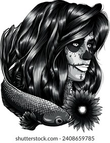 monochromatic illustration of Betta Splendens with woman head