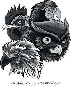 monochromatic illustration of birds head on white background