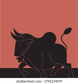 monochromatic illustration of  Bull , Cow walking in attitude 