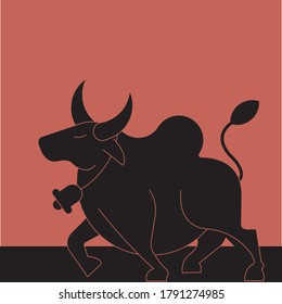 monochromatic illustration of  Bull , Cow walking in attitude 