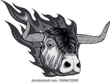monochromatic illustration of Bull head in flame