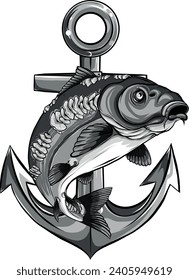 monochromatic illustration of carp fish with anchor