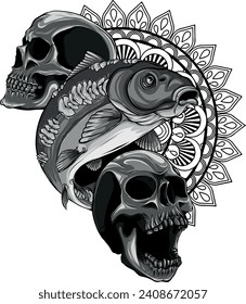 monochromatic illustration of carp fish with skulls