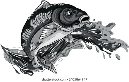 monochromatic illustration of carp with splashing water