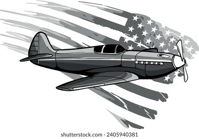 monochromatic illustration Cartoon airplane with america flag