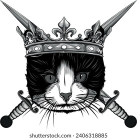 monochromatic illustration of cat with crown and knife