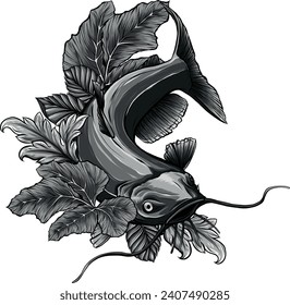 monochromatic illustration of catfish with leaves art