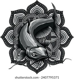 monochromatic illustration of catfish with mandala ornaments